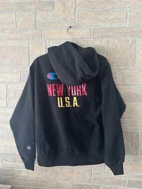 Champion Hoodie Men's Medium Black New York USA Fleece Logo Reverse Weave *